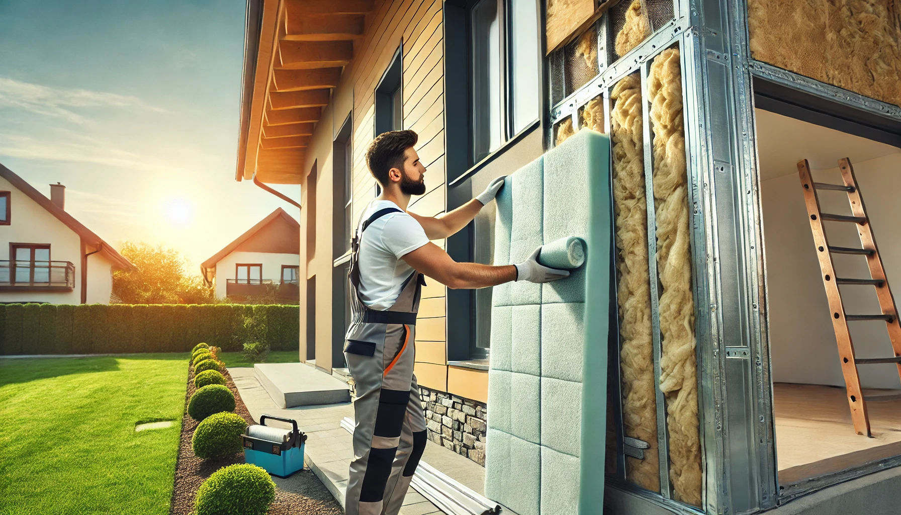 Facharbeiter bei der Renovierung einer Hausfassade – professionelle Wärmedämmung für nachhaltige Gebäude.