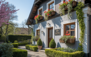 Renoviertes Einfamilienhaus mit frischer Fassade, blühendem Garten und Frühjahrsbepflanzung in Dachau